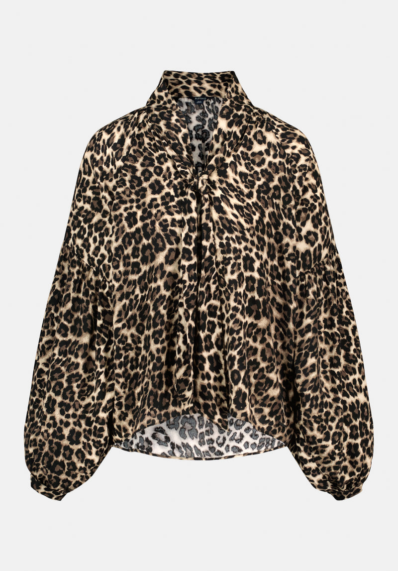 Carissa Women's Printed Blouse with Bow Neck and Voluminous Sleeves color LEOPARD