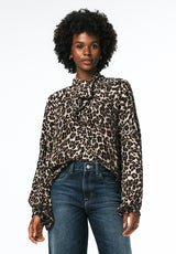 Carissa Women's Printed Blouse with Bow Neck and Voluminous Sleeves color LEOPARD
