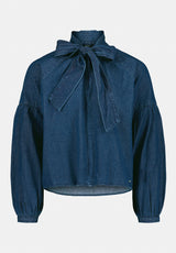 Carissa Women's Denim Blouse with Bow Neck and Voluminous Sleeves color DARK DENIM