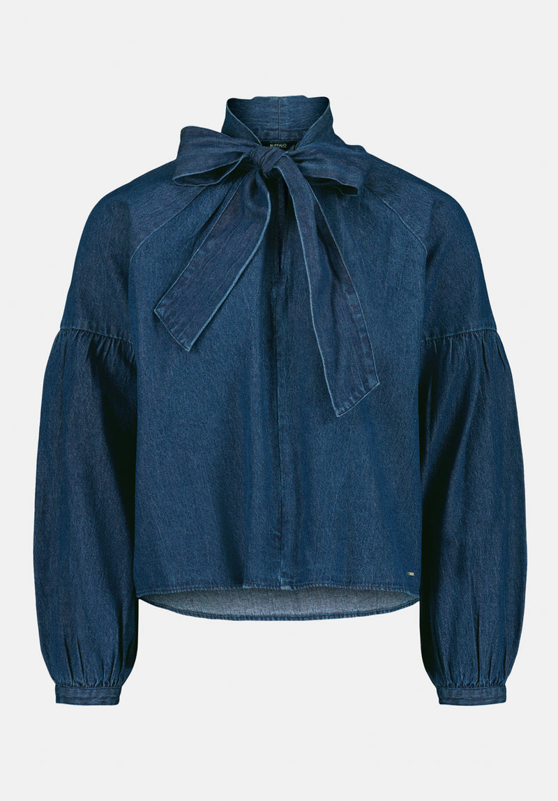 Carissa Women's Denim Blouse with Bow Neck and Voluminous Sleeves color DARK DENIM
