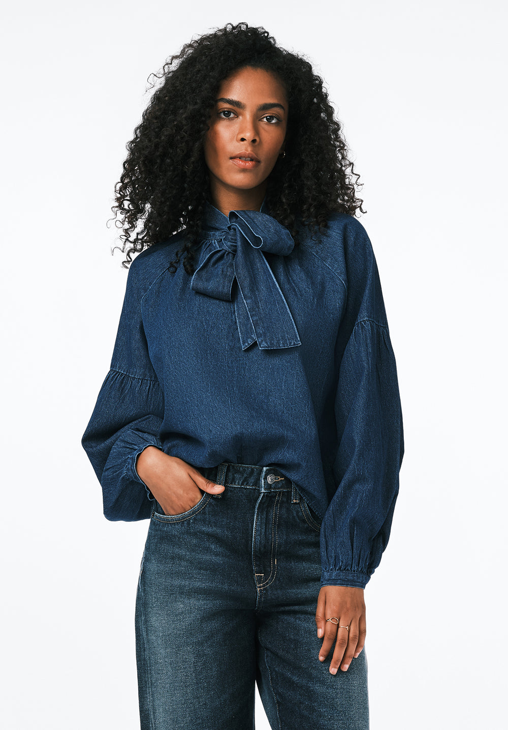 Carissa Women's Denim Blouse with Bow Neck and Voluminous Sleeves