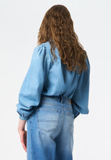 Lowen Women's Ruffled Tie-Neck Denim Blouse color TRUE BLUE