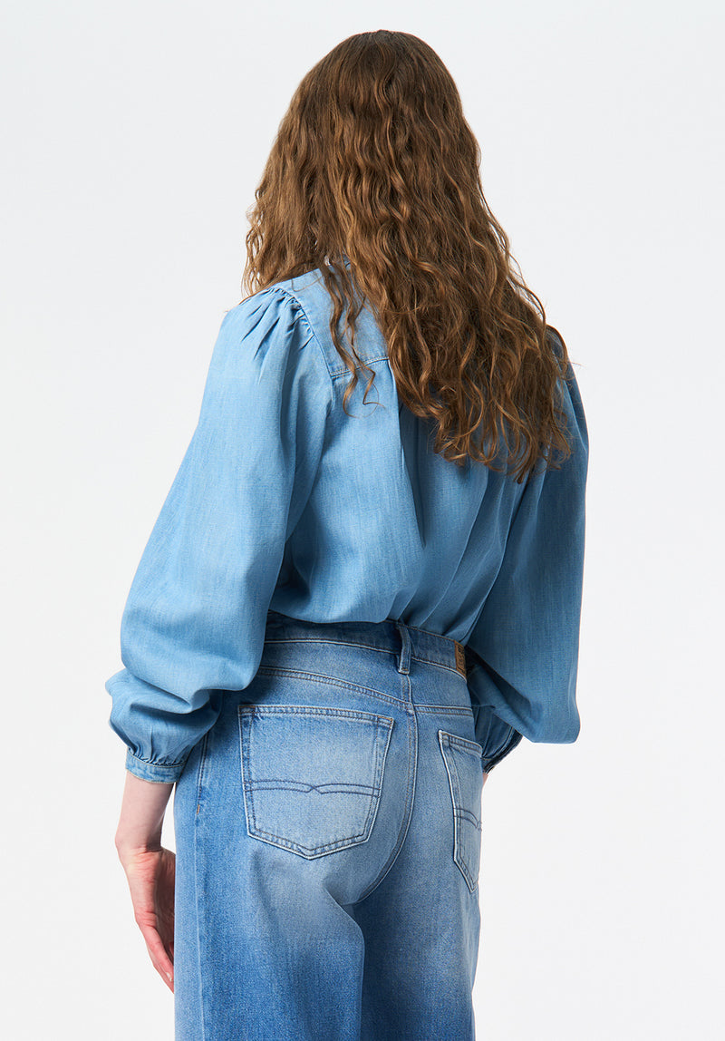 Lowen Women's Ruffled Tie-Neck Denim Blouse color TRUE BLUE