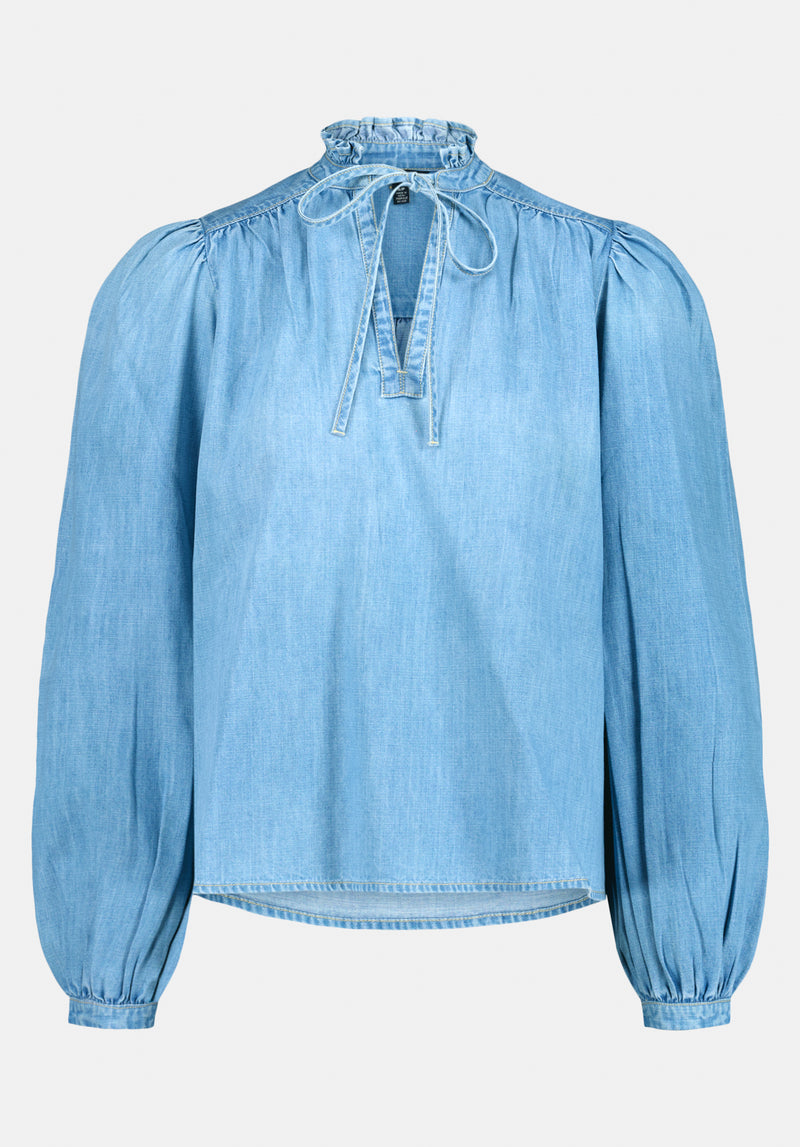 Lowen Women's Ruffled Tie-Neck Denim Blouse color TRUE BLUE