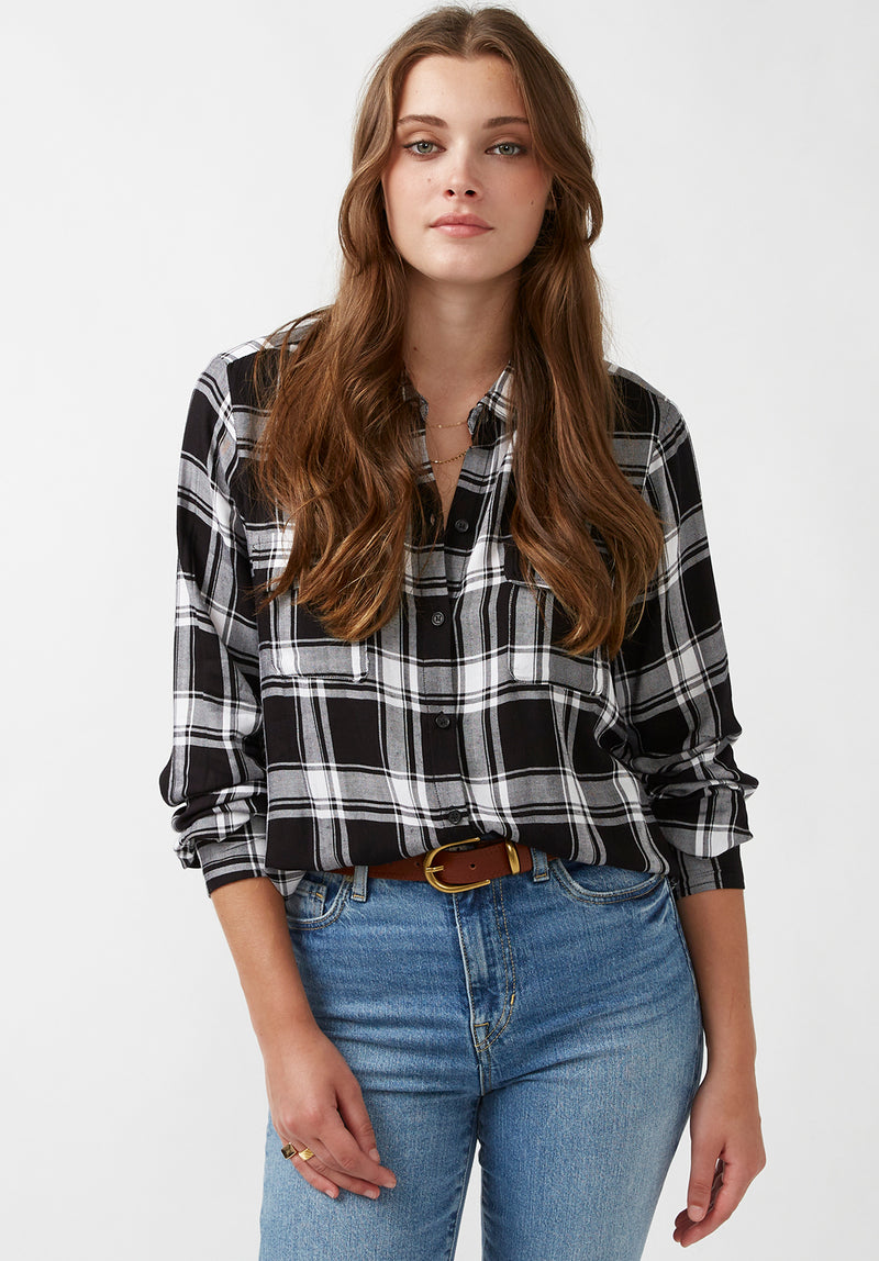 Beverley Women's Button-Down Blouse in Black and White Plaid - WT0548F