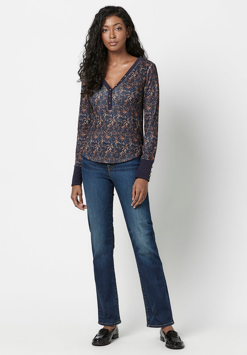 Buffalo David Bitton Henley Nadine Floral Top - KT0543F Color MIDNIGHT FLORAL